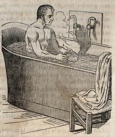 Gesta při koupání - Hygiena v 19. století - muž ve vaně - rytina v „La Sante Universelle - Guide Medical des Familles“ 1852 od French School