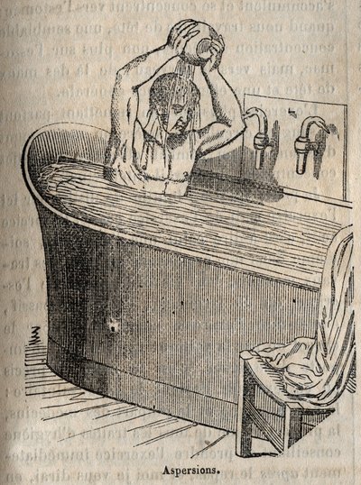 Gesta při koupání - Hygiena v 19. století - muž ve vaně - rytina v „La Sante Universelle - Guide Medical des Familles“ 1852 od French School