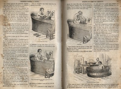 Gesta při koupání - Hygiena v 19. století - muž ve vaně - rytina v „La Sante Universelle - Guide Medical des Familles“ 1852 od French School