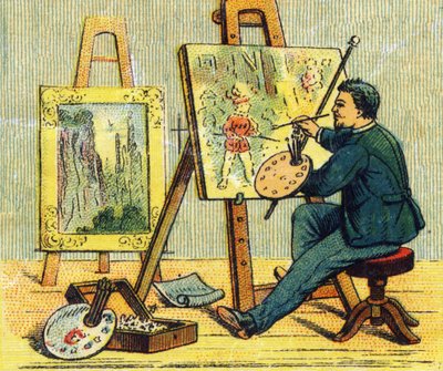 Písmeno A: malíř ve svém ateliéru. Rytina v "ABC indechirable na lakovaném plátně". A. Capendu, redaktor, Paříž, konec 19. století. Dětské knihkupectví ilustrované. 8 stran. Rozměr: 21,5 x 18 cm. od French School