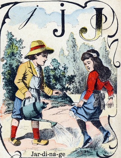 Písmeno J: Zahradnictví. Rytina v "ABC des joux pour petits boys". Imaging of Pont-a-Mousson, Louis Vagne, tiskárna-nakladatel, konec 19. století. Rozměr: 32,5 x 25 cm od French School