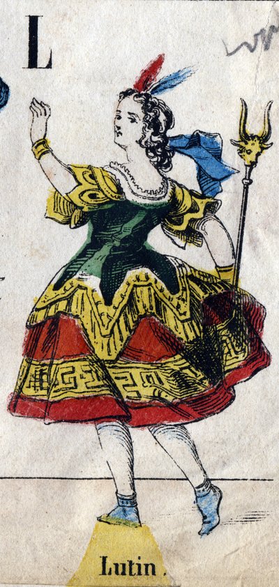 Písmeno L: Leprechaun. Gravírování v "Abecední maškaráda". Nové epinalové zobrazování. Tisk-litografie Pinot et Sagaire, redakce, Epinal, 2. polovina 19. století . Deska Ná 491 s 25 iluminovanými písmeny. Rozměr: 40,5 x 28 cm od French School