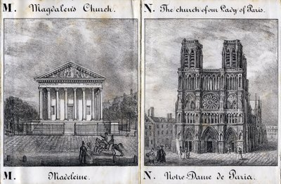 Písmeno M Madeleine a N Notre-Dame de Paris (Notre Dame de Paris) - "Alphabet Picturesque des Monumens de Paris" c.1840 (rytina) od French School