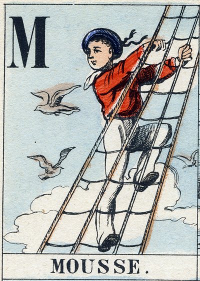 Písmeno M jako pěna. Námořnická abeceda. Epinal obraz, konec 19. století. Dřevoryt v barvě šablony od French School