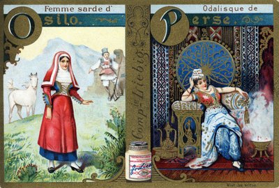 Písmeno O jako Sardinka z Osila a P jako Odalisk z Persie. Ženská abeceda. Série 12 obrázků. Reklama Liebig od French School