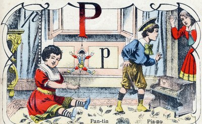 Písmeno P Pantin Piano. Rytina v "ABC des joux pour petits boys". Imaging of Pont-a-Mousson, Louis Vagne, tiskárna-nakladatel, konec 19. století. Rozměr: 32,5 x 25 cm od French School