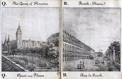 Dopis s otázkami a odpověďmi: Květinový dok a ulice Rivoli - "Alphabet Picturesque des Monumens de Paris" kolem roku 1840 (rytina) od French School