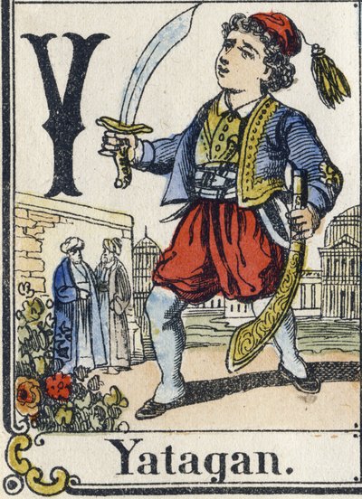 Písmeno Y: Yatagan. Rekreační abeceda. Epinální zobrazování. Šablonové dřevoryty, kolem roku 1880. Malá knížečka o 16 stranách od French School