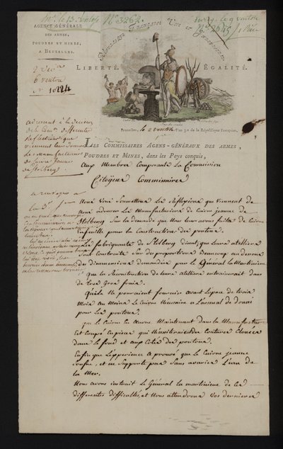 Dopis od Agence Generale des Armes, Poudres et Mines, Brusel, poté, co jižní Nizozemsko bylo anektováno Francií od French School