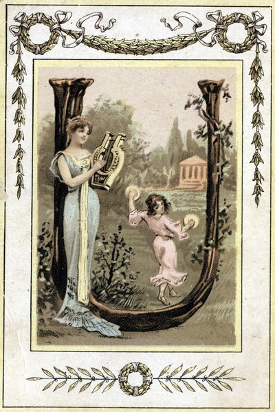 Dopis představující matku hrající na lyru a její dceru tančící s tympány, konec 19. století (chromolitograf) od French School