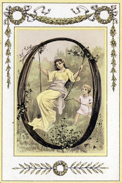 Dopis představující houpající se matku a jejího syna, konec 19. století (chromolitograf) od French School
