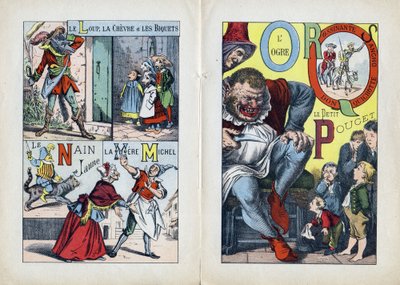Písmena: L M N O P Q R S (centrální dvoustrana). Vlk, koza a biquet, La Mere Michel, Le Nain jaune, L