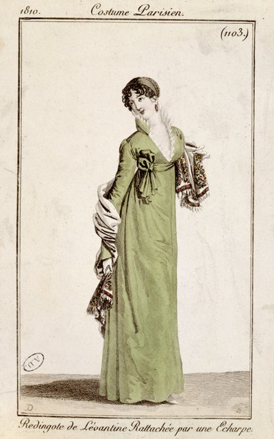 Levantinský kabátek se zapínáním na šátek, módní talíř z Costume Parisien, 1810 od French School