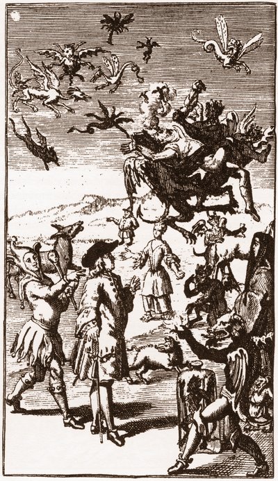 Evokace démonů, rytina z roku 1710 v „Příběhu extravagantních představ monsieur Oufle“ od Laurenta Bordelona (1653-1730) od French School