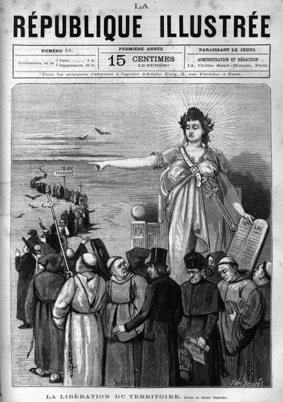 Osvobození území: Francouzská republika vyhošťuje nepovolené náboženské kongregace z francouzského území na základě dekretů z března 1880 přijatých Julesem Ferrym a zbavujících je práva vyučovat. Noviny. Rytina z roku 1880 v „La re od French School