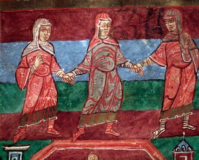 Život svatého Radegunda z Poitiers, ženy tančící a zpívající světské písně (miniatura od French School