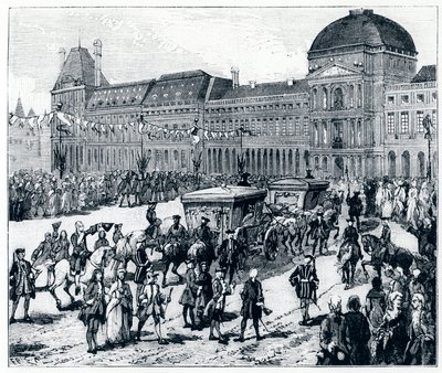 Život za Ludvíka XV.: Král přijíždí do Palais des Tuileries, kde na něj čeká královna a delfín – v „Paříži v průběhu staletí“ od Genouillaca od French School