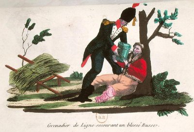 Čárový granátník pomáhá zraněnému ruskému vojákovi (barevná rytina) od French School