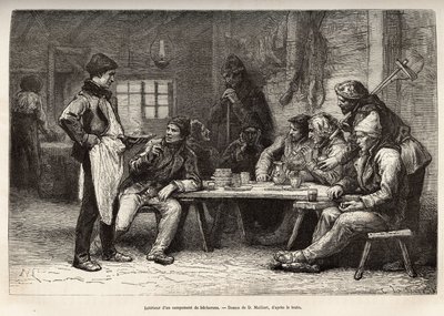 Interiér tábora dřevorubců v Ontariu, rytina podle kresby D. Maillarda, znázorňující exkurzi do Kanady a k Northern Red River, od H. De Lamotte, v roce 1873, publikovaná v „“Le world tour“““ 1875 , upravil Edouard od French School