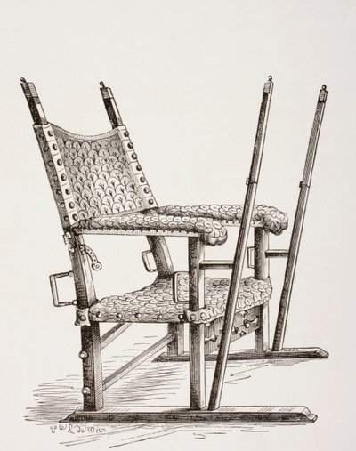Židle na podestýlku, kterou používal Carlos I. ze Španělska, z Les Arts au Moyen Age, vydané v roce 1873 od French School