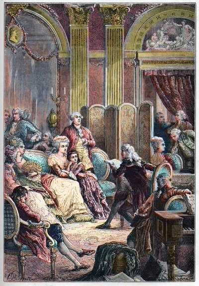 Literární salon – čtení knihy „“Paul a Virginie”” od Jacquese-Henriho Bernardina ze Saint-Pierre (Saint Pierre) v salonech madame Necker v Paříži – po boku paní Neckerové její manžel Jacques Necker a její dcera Germaine, později paní de Stael - Přednáška od French School