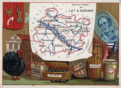Lot a Garonne (Lot-et-Garonne, 47), Akvitánie, Francie. Tabáková továrna, chov krůt, víno, zátky, švestky, brandy, therebentinový benzín. Portrét Bernarda Germaina Etienne de Laville-sur-Illon, hraběte z Lacepede (nebo de la Cepede od French School