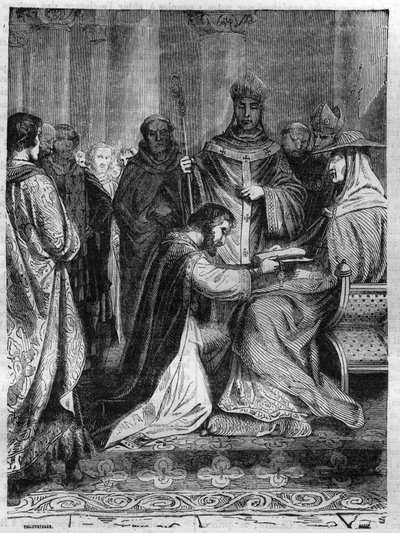 Lotharia I (795-855) u nohou papeže Adriana II. (792-872). Rytina v „Historie papežů-králů-královen a císařů v průběhu staletí““ od Maurice Lachatre od French School