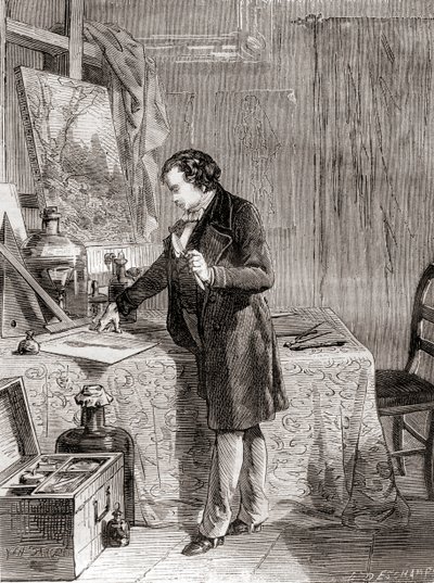 Louis-Jacques-Mandé Daguerre při vynálezu fotografického procesu daguerrotypie v 19. století, z knihy Les Merveilles de la Science, vydané kolem roku 1870 (rytina). od French School