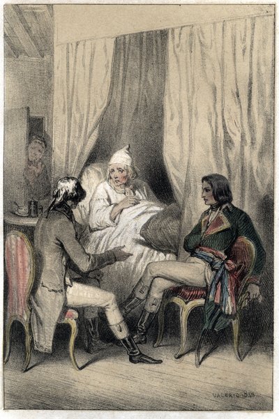 Louis Antoine Fauvelet de Bourienne (1769-1834), francouzský diplomat a administrátor, a generál Napoleon Bonaparte (1769-1821) požádali nemocného starého kapitalistu o peníze na italské tažení. Deska převzata z ""Scenes de la vie des hommes slavný""" ryti od French School