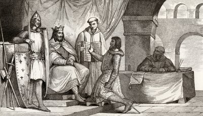 Ludvík II. (848-79) Stammerer přijímá přísahu věrnosti od šlechtice, z Colartovy knihy "Histoire de France", vydané kolem roku 1840. od French School