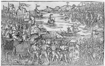 Ludvík IX. Francouzský vyloďující se v Damiettě během sedmé křížové výpravy, z „Grand Voyage de Hierusalem“, publikované 1522 od French School
