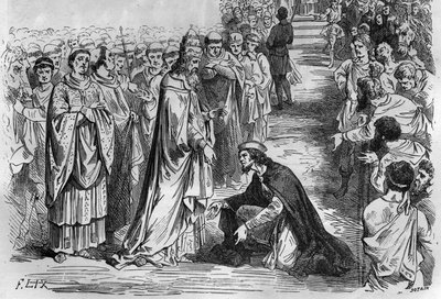 Ludvík I. Zbožný neboli Debonnaire (778-840) na kolenou papeže Štěpána V. (Stefano, papež v letech 896 až 897). Rytina v „Histoire des Papes-Rois-Queen and Empereurs a travers les století“ od Maurice Lachatre od French School