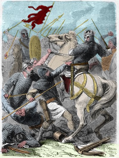 Ludvík VI. řekl „The Gros“ (1081 - 1137), v bitvě u Brenneville se v roce 1119 pokusil dobýt Normandii od anglického krále Jindřicha I. Rytina v „“ Histoire De France En Cent Paintings od Paula Lehugeura „“ 1891. od French School