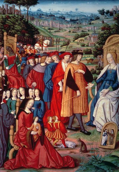 Ludvík XII., kardinál Georges z Amboise (1462-1515), Anna Bretaňská a Claude z Francie, z Remedies and Fortunes od Petrarky, 1503 od French School