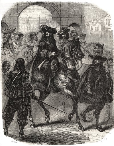 Ludvík XIV. (1638-1715) a jeho manželka Marie Terezie (Marie-Therese) Rakouská (1638-1683) vstoupili do Paříže v roce 1660. Rytina v „“ Histoire de France““ od L.-P. Anguetil od French School