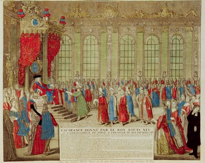 Ludvík XIV. (1638-1715) přijímá perského velvyslance Mohammeda Rezu Bega v Galerii lesků ve Versailles, 19. února 1715 od French School
