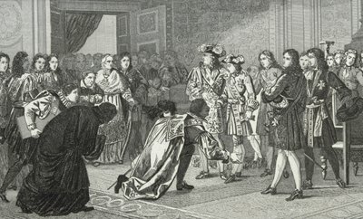 Ludvík XIV. (1638-1715) král Slunce představuje svého vnuka Filipa V. (1683-1746) španělským vyslancům, z Colartova „Histoire de France“, vydaného kolem roku 1840 od French School
