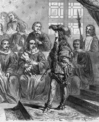 Ludvík XIV. (1638 - 1715) měl v roce 1652 před parlamentem 17 let a donutil prezidenta rozpustit shromáždění. Rytina v „“ Histoire De France En Cent Paintings od Paula Lehugeura „“ 1891. od French School