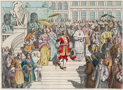 Louis XIV (Louis 14) a jeho dvůr ve Versailles - Ludvík XIV. Francouzský a jeho dvůr ve Versailles - Rytina konce 19. století v „“ Nos Gires Nationales – Images et recits““ od French School