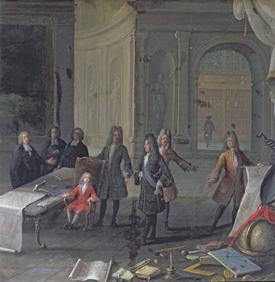 Ludvík XIV. navštěvující lekci svého pravnuka, budoucího Ludvíka XV., kolem roku 1715 od French School