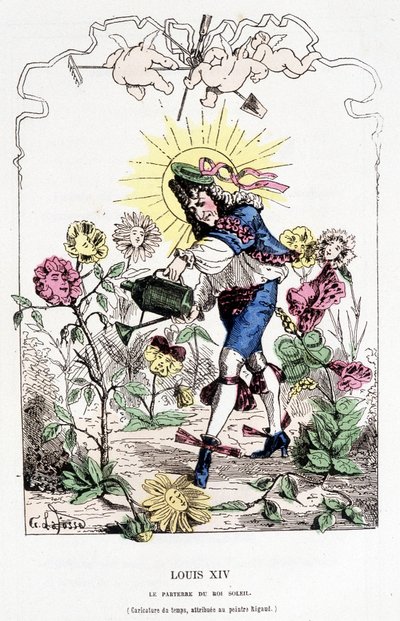 Ludvík XIV. převlečený za zahradníka – v „“ Histoire de France Tintamarresque““ od Touchatout od French School