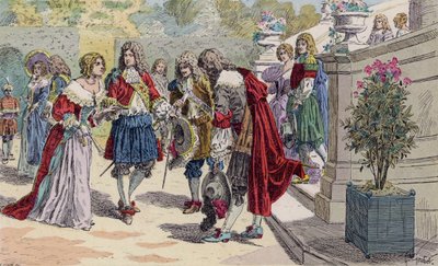 Francouzský král Ludvík XIV. a jeho dvůr ve Versailles (barevná litografie) od French School