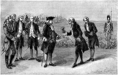 Ludvík XVI. (1754-1793) při návštěvě prvního bramborového pole v rovině Sablons (dnešní avenue de la Grande Armee, Paříž) mu Antoine Augustin Parmentier (1737-1813) nabídl bramborové květiny, kolem roku 1785. Rytina v „ "La Nature." Revue des sciences od French School