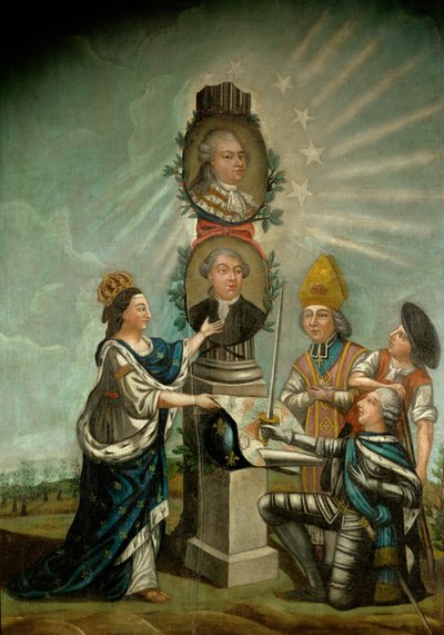 Ludvík XVI. a jeho ministr financí Jacques Necker, obdivovaný třemi stavy Francie, šlechtou, duchovenstvem a buržoazií ... od French School
