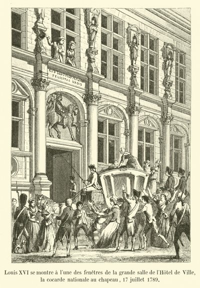 Ludvík XVI. se ukazuje u jednoho z oken velkého sálu Hôtel de Ville, národní kokarda na klobouku, 17. července 1789 od French School