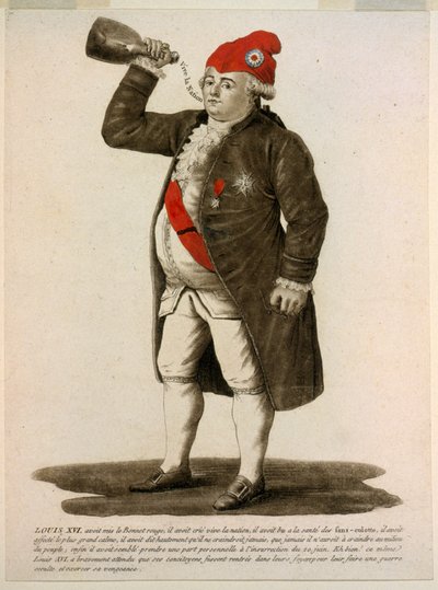 Ludvík XVI. v červené čepici, křičící ‚Ať žije národ‘, hospoda 1792 (ručně kolorovaný lept) od French School