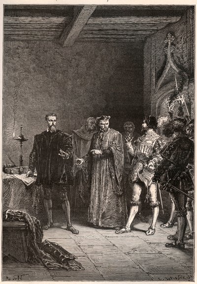 Louis de Berquin (1485-1529), rytíř a humanista, náboženský reformátor, osvobozen Jean de la Barre (1523-1533) prevot de Paris - Louis de Berquin (vlevo) propuštěn z vězení Johnem de la Barre - rytina z „“ Historie Francie vyprávěná mé babičce od French School
