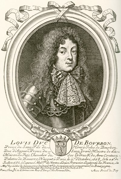 Louis de Bourbon, princ z Condé, 1668 - 1710. Princ krve na francouzském dvoře Ludvíka XIV. Z Les Heures Libres vydané v roce 1908. od French School