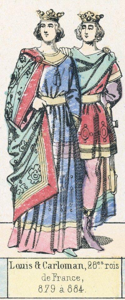 Louis a Carloman, 28. králové Francie, 879 až 884 (barevná rytina) od French School