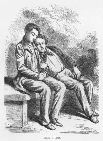 Lucien de Rubempre a David Sechard, ilustrace z „Les Illusions perdues“ od Honore de Balzac od French School